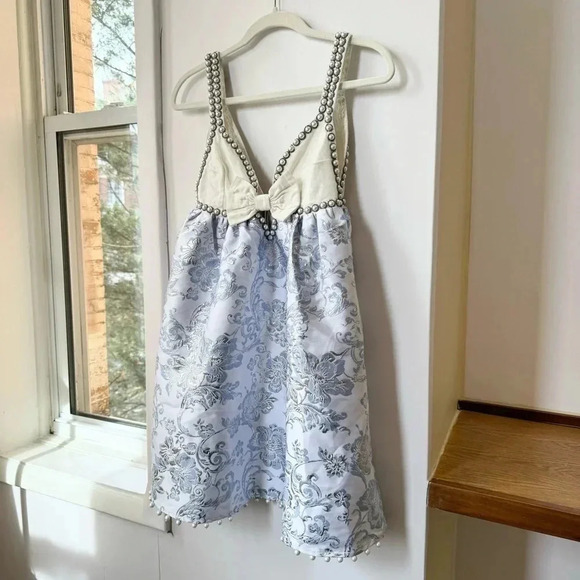 New Free People Pearl Embellished Jacquard Floral Mini Dress White Blue - Picture 5 of 17